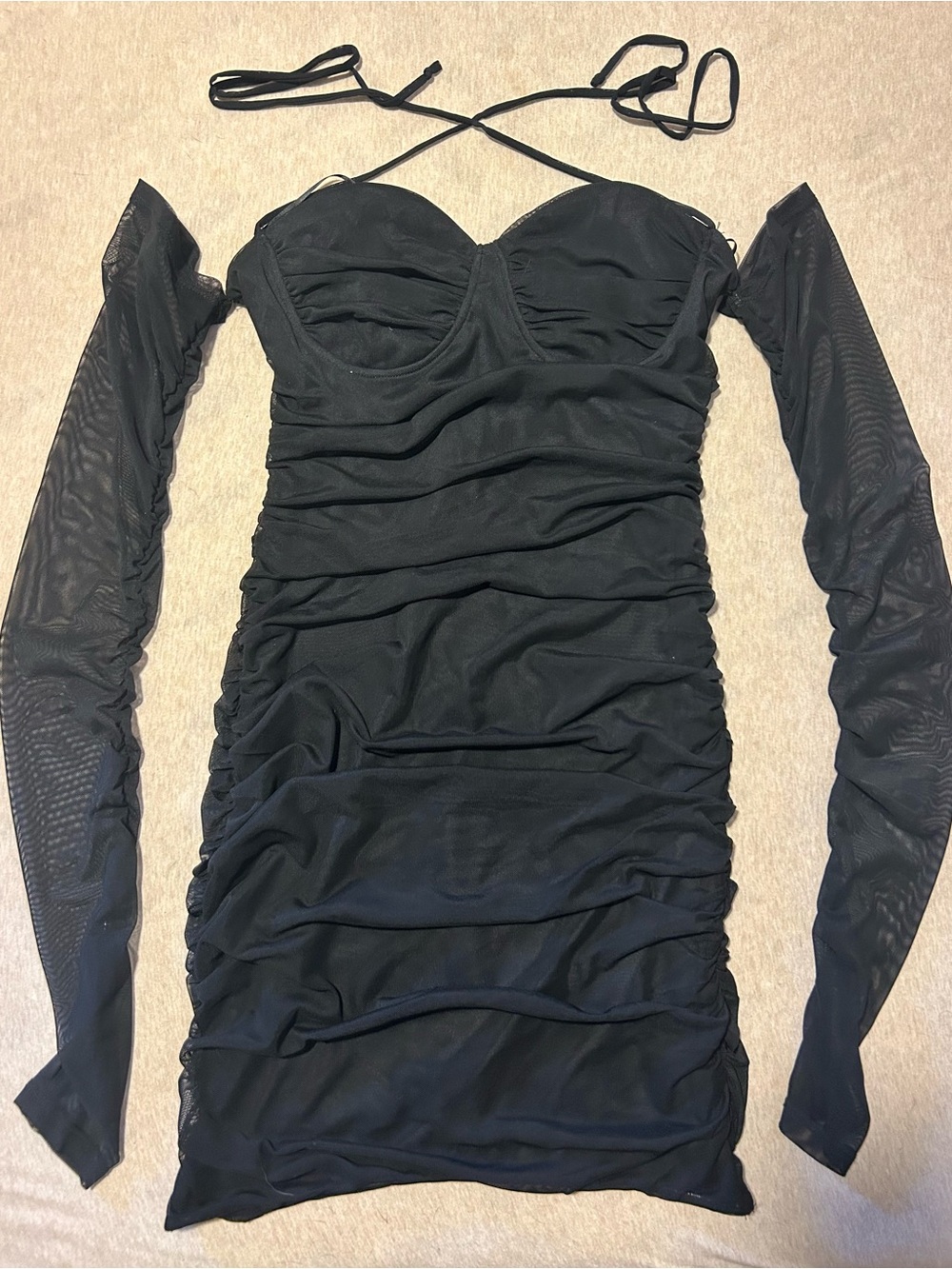 Cotton Candy LA Black Ruched Off-Shoulder Mesh Sleeve Mini Dress